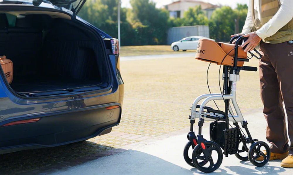 The elderly is preparing to put the foldable walker into the trunk of the car